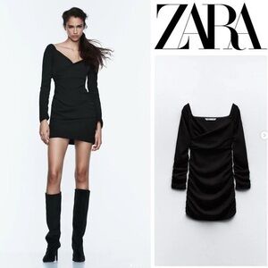 Zara black V-neck long sleeve ruched gathered mini dress bodycon cocktail S NWOT